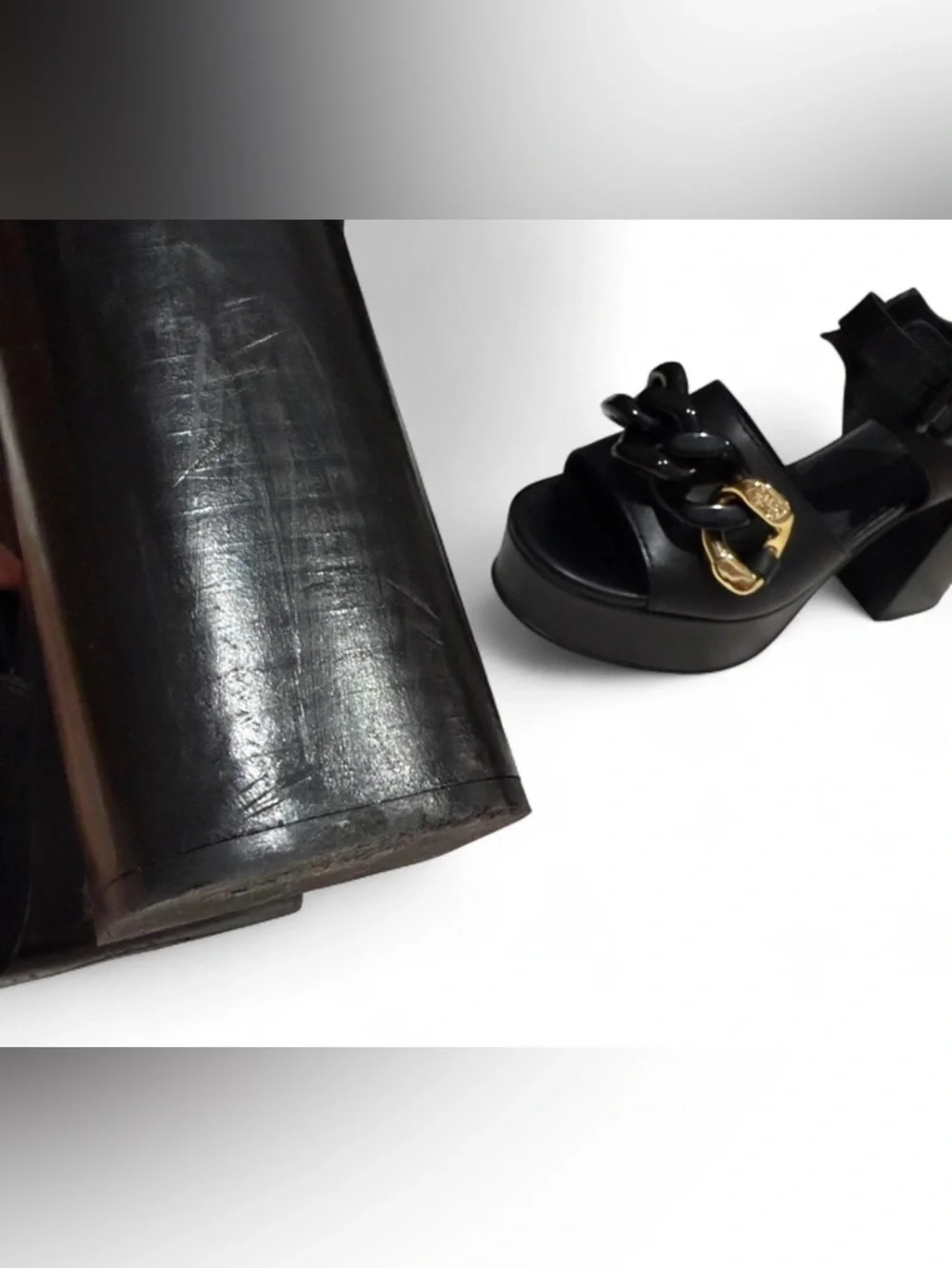 See By Chloe Black Leather Platform Sandals with Gold Accent